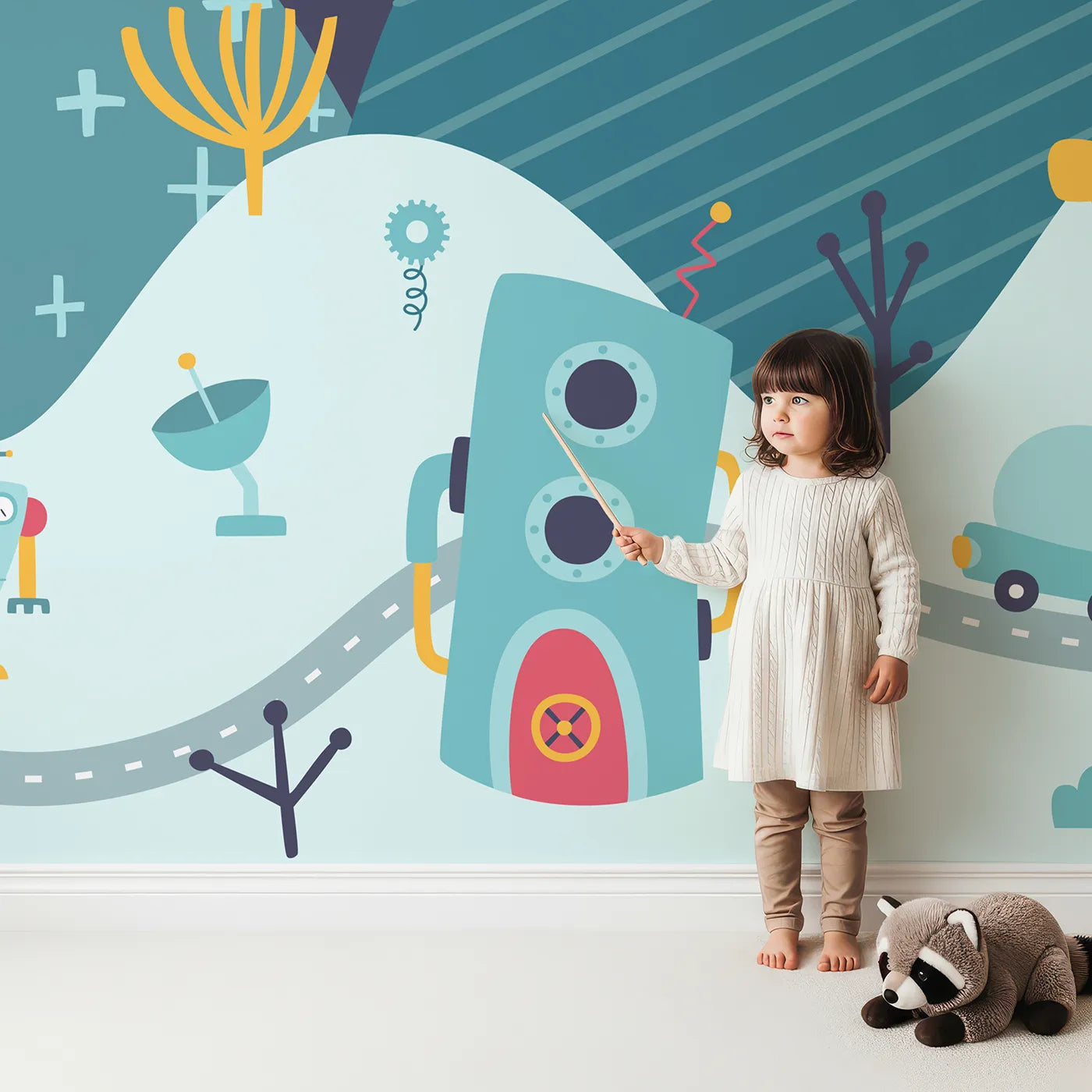 Child in front of Whimsy Tots Robot City Wall Mural with robot, city, future, car, space, whimsical, cute, night in design.
