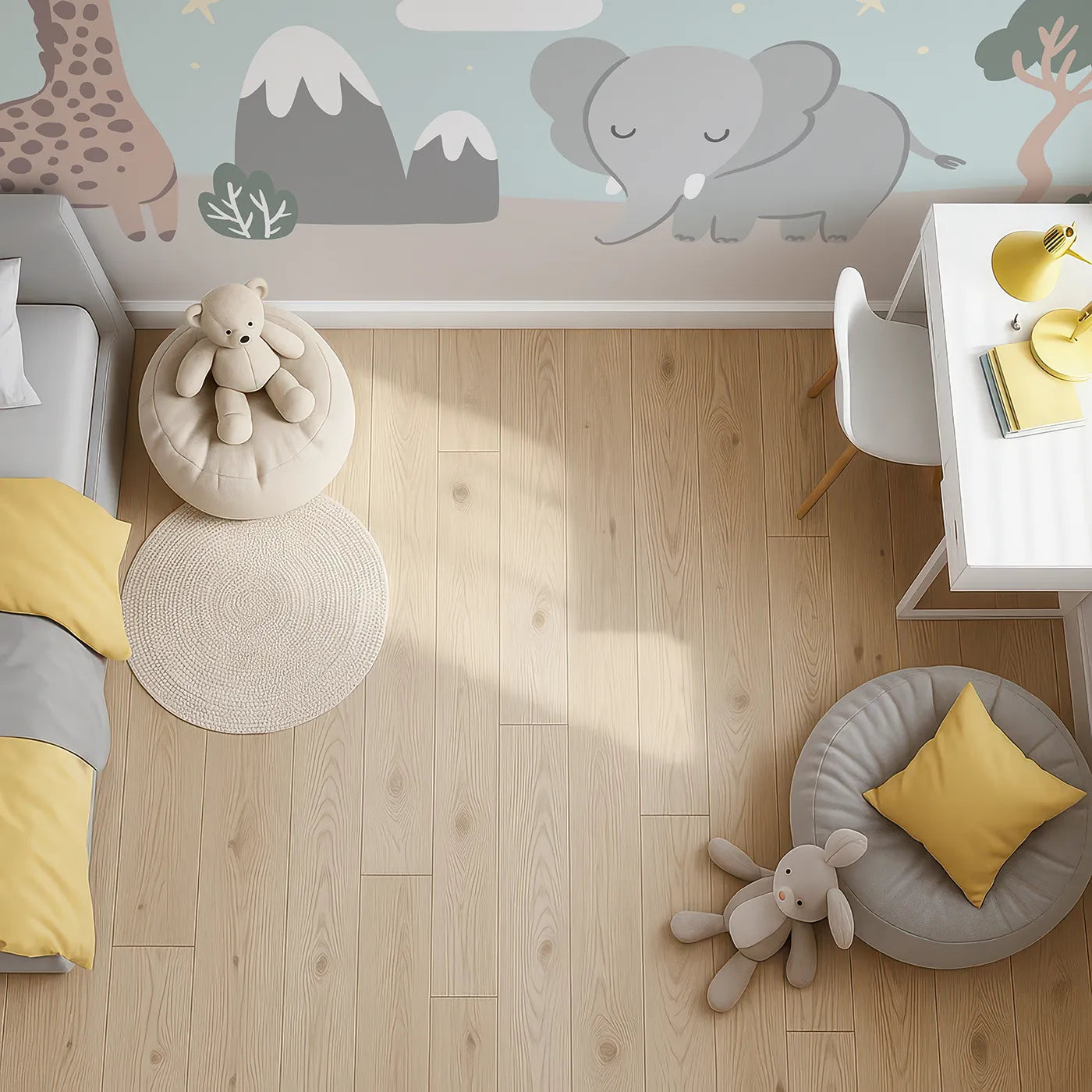 Top-down view of Whimsy Tots' Safari Night Wall Mural (Turn Their Room into a Gentle, Starry African Night).Gender-Neutral
