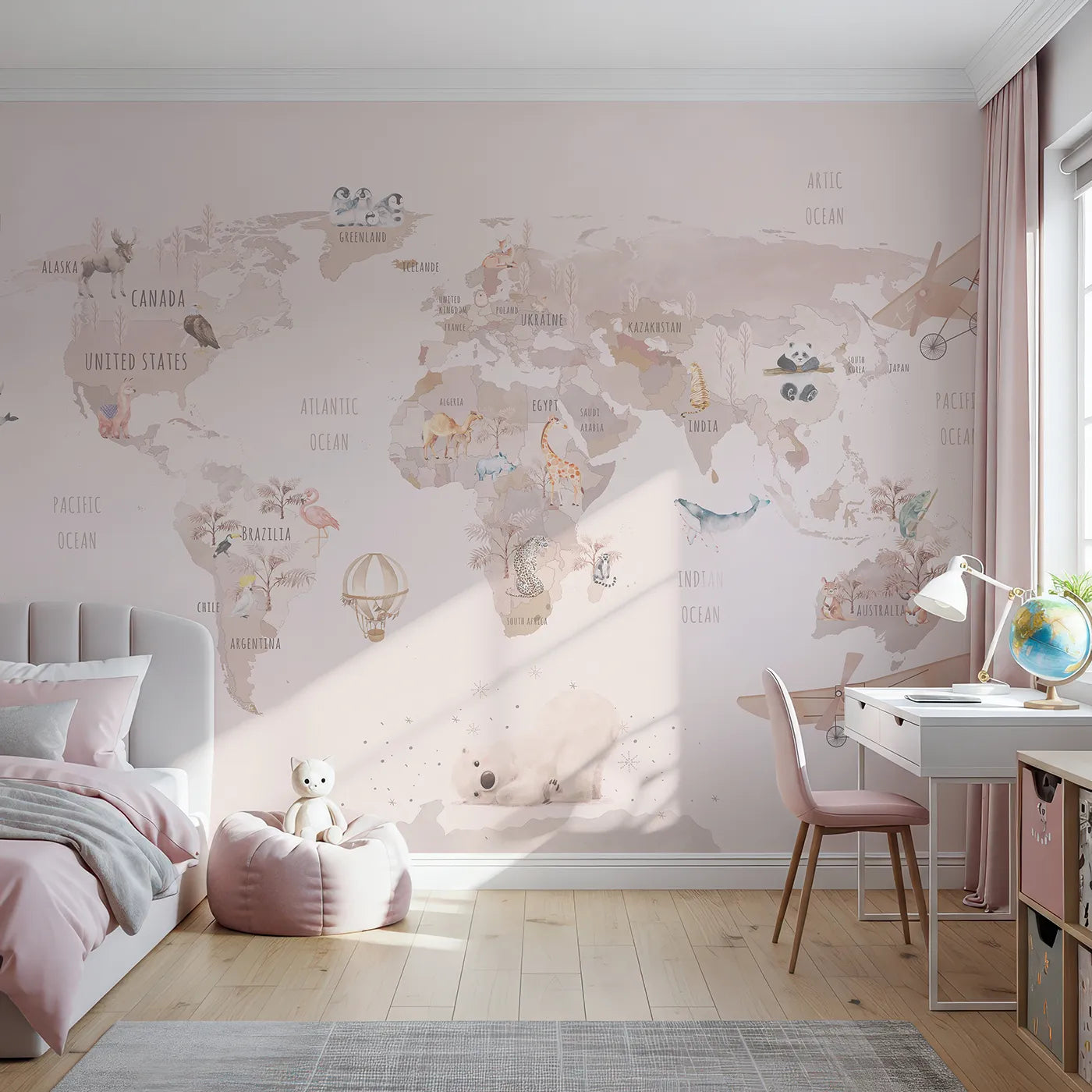 Front view of Whimsy Tots' Watercolor World Adventure Wall Mural