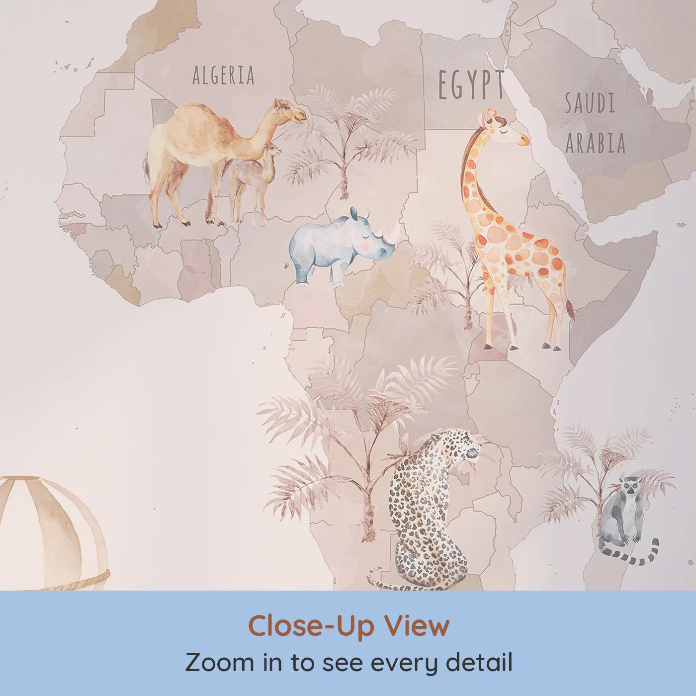 Close-up view of Whimsy Tots' Watercolor World Adventure Wall Mural (Turn Their Room into a Dreamy, Hand-Painted Global Journey).Best for Girls