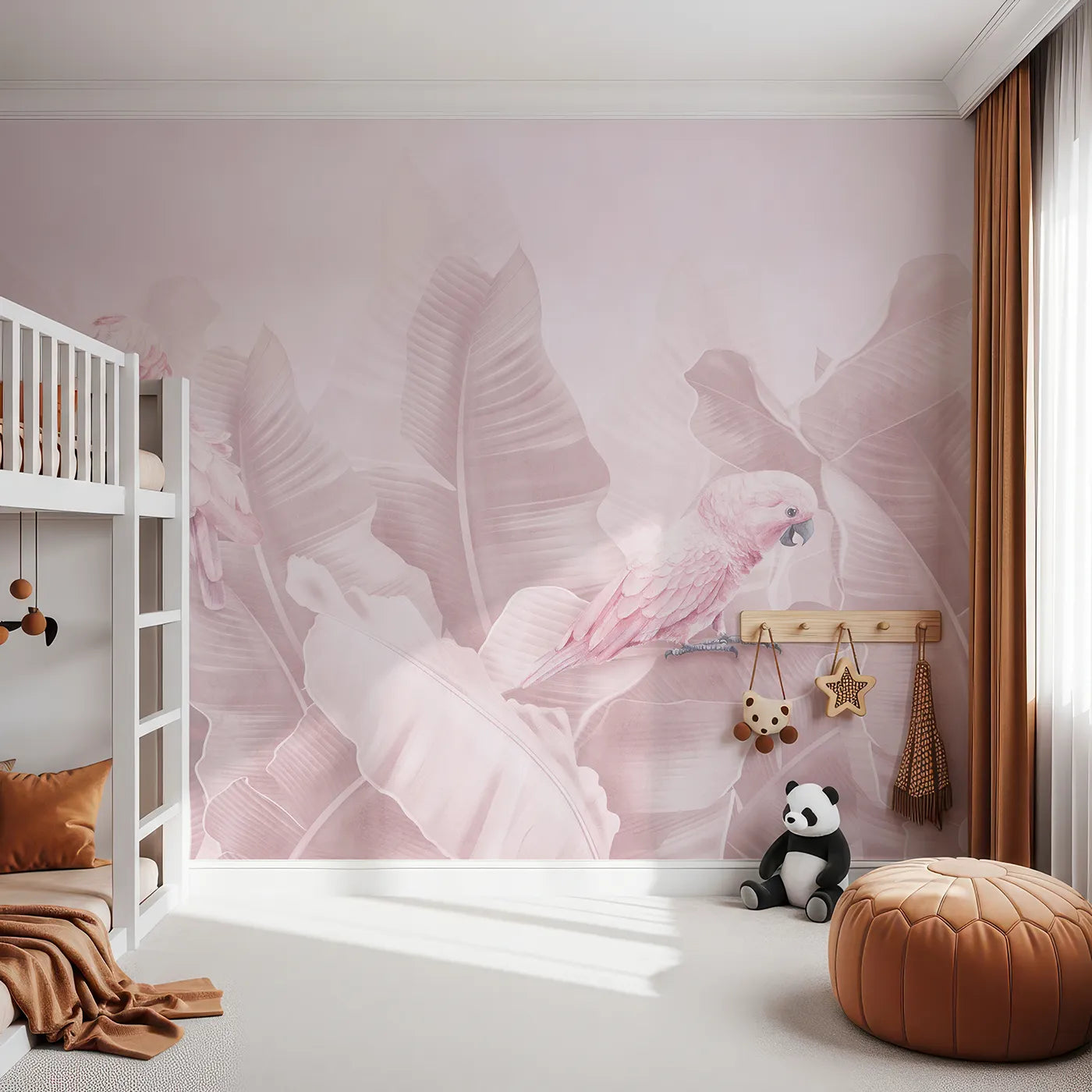 Front view of Whimsy Tots' Pink Parrot Jungle Wall Mural