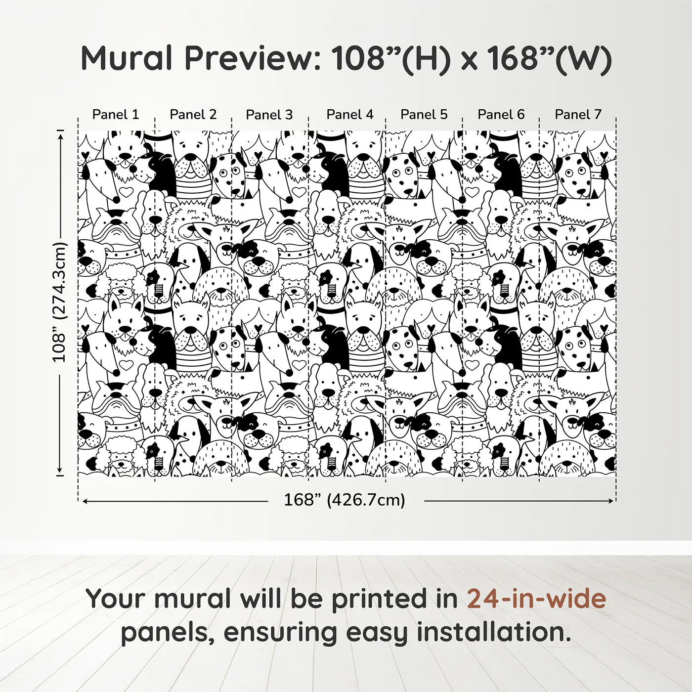 Whimsy Tots Doodle Dog Party Wall Muraldimension view (108" H x 168" W). Printed in seven 24-inch-wide panels. Gender-Neutral