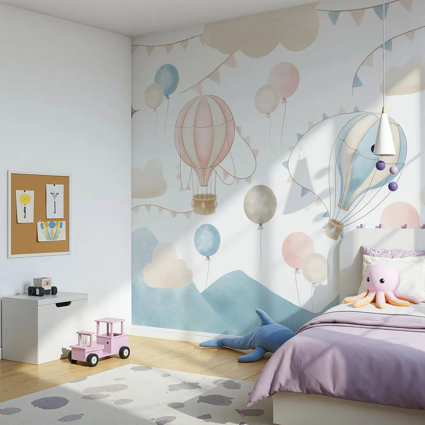 Angled view of Whimsy Tots' Pastel Sky Balloon Parade Wall Mural (Turn Their Room into a Gentle, Dreamy Sky Adventure).Gender-Neutral