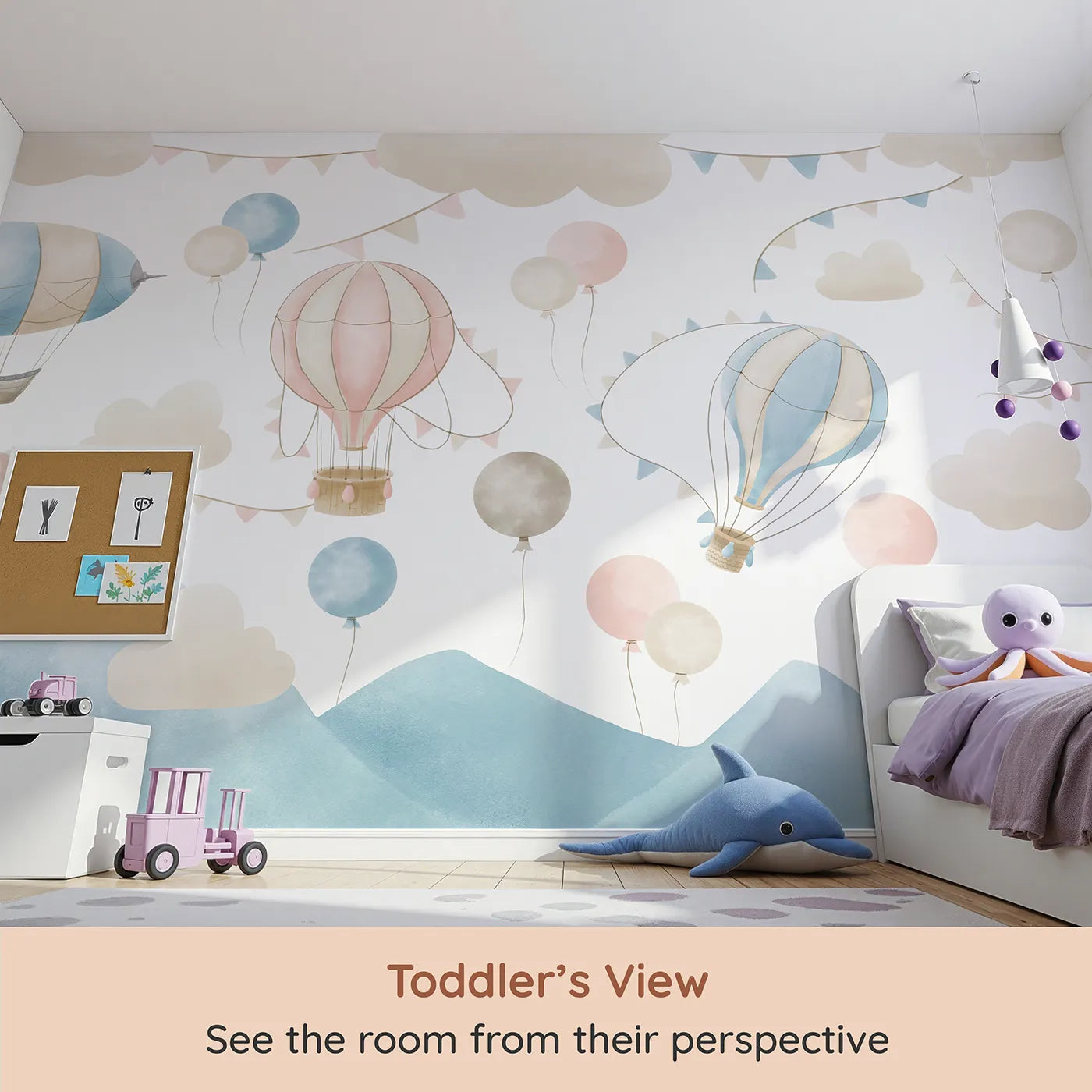 Whimsy Tots Pastel Sky Balloon Parade Wall Mural (Turn Their Room into a Gentle, Dreamy Sky Adventure) from your child's view.Gender-Neutral