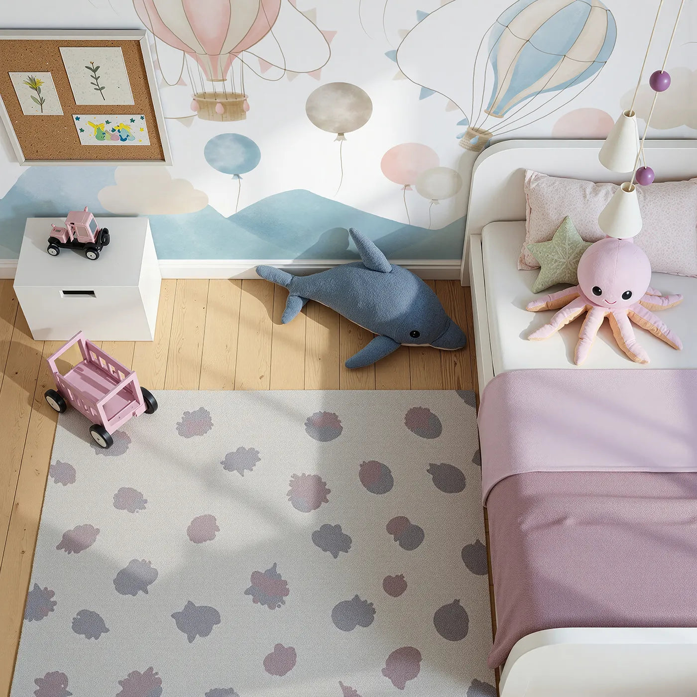 Top-down view of Whimsy Tots' Pastel Sky Balloon Parade Wall Mural (Turn Their Room into a Gentle, Dreamy Sky Adventure).Gender-Neutral