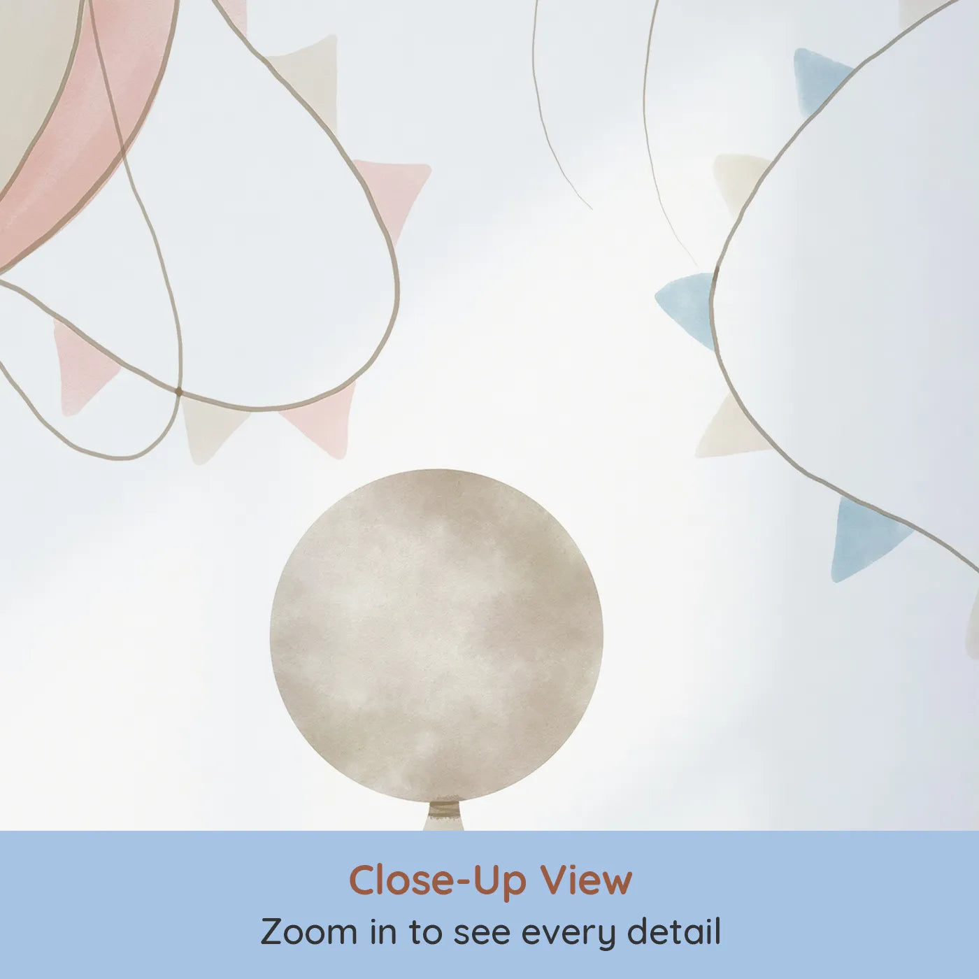 Close-up view of Whimsy Tots' Pastel Sky Balloon Parade Wall Mural (Turn Their Room into a Gentle, Dreamy Sky Adventure).Gender-Neutral