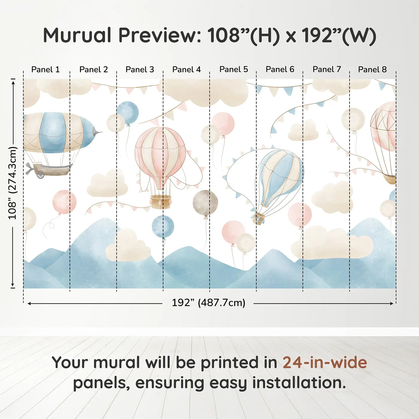 Whimsy Tots Pastel Sky Balloon Parade Wall Muraldimension view (108" H x 192" W). Printed in eight 24-inch-wide panels. Gender-Neutral