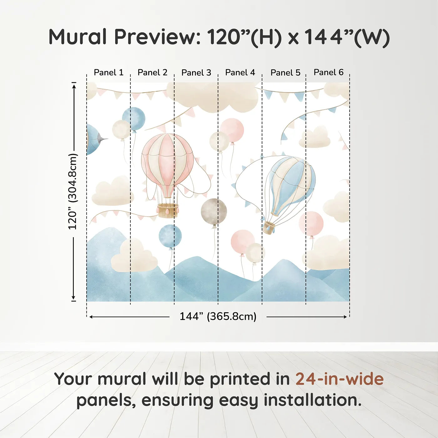 Whimsy Tots Pastel Sky Balloon Parade Wall Muraldimension view (120" H x 144" W). Printed in six 24-inch-wide panels. Gender-Neutral