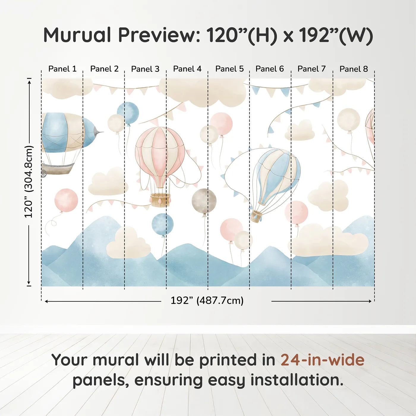 Whimsy Tots Pastel Sky Balloon Parade Wall Muraldimension view (120" H x 192" W). Printed in eight 24-inch-wide panels. Gender-Neutral