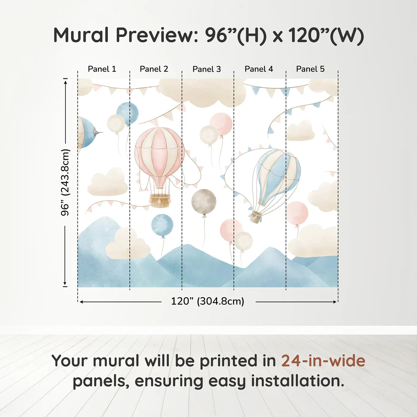Whimsy Tots Pastel Sky Balloon Parade Wall Muraldimension view (96" H x 120" W). Printed in five 24-inch-wide panels. Gender-Neutral
