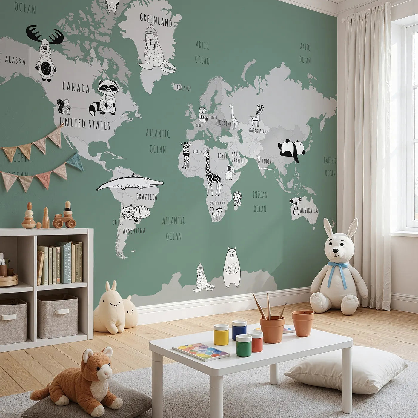 Angled view of Whimsy Tots' Monochrome Animal World Map Wall Mural in Green (Turn Their Room into a Stylish Global Safari).Gender-Neutral