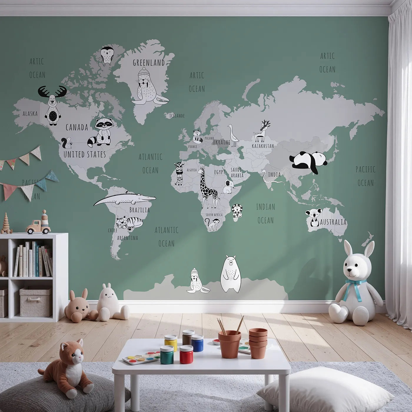 Front view of Whimsy Tots' Monochrome Animal World Map Wall Mural in Green