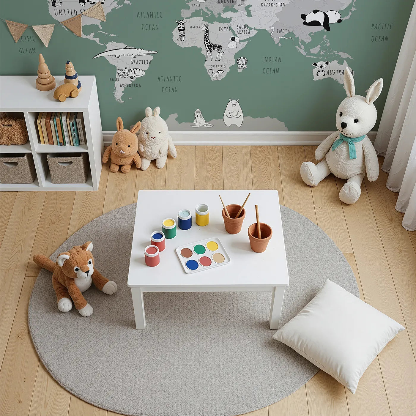 Top-down view of Whimsy Tots' Monochrome Animal World Map Wall Mural in Green (Turn Their Room into a Stylish Global Safari).Gender-Neutral