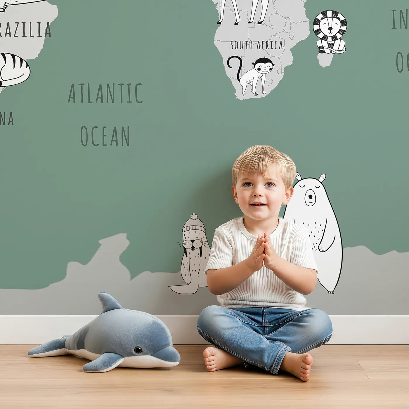 Child in front of Whimsy Tots Monochrome Animal World Map Wall Mural in Green with map, world, animal, monochrome, green, modern, educational, safari in design.