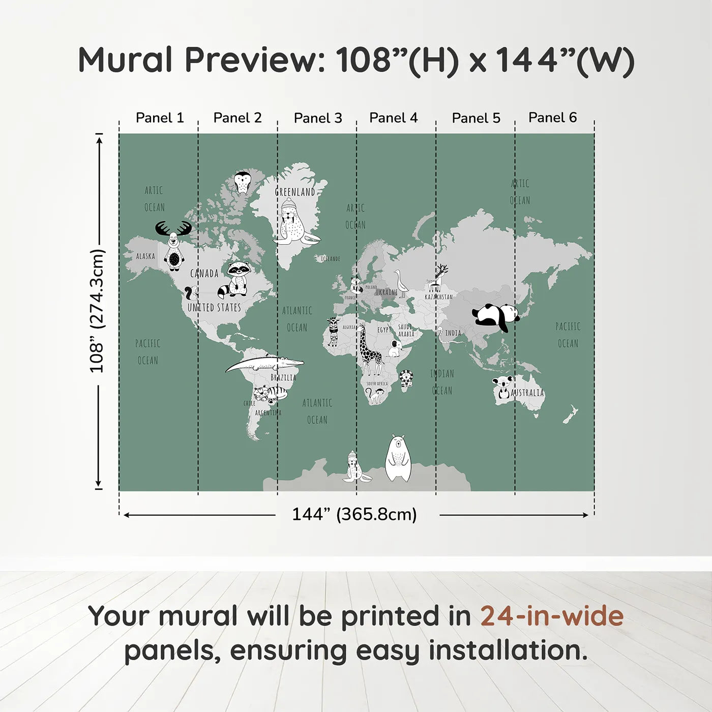 Whimsy Tots Monochrome Animal World Map Wall Mural in Greendimension view (108" H x 144" W). Printed in six 24-inch-wide panels. Gender-Neutral