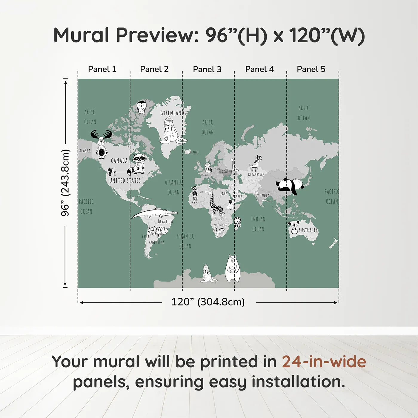 Whimsy Tots Monochrome Animal World Map Wall Mural in Greendimension view (96" H x 120" W). Printed in five 24-inch-wide panels. Gender-Neutral