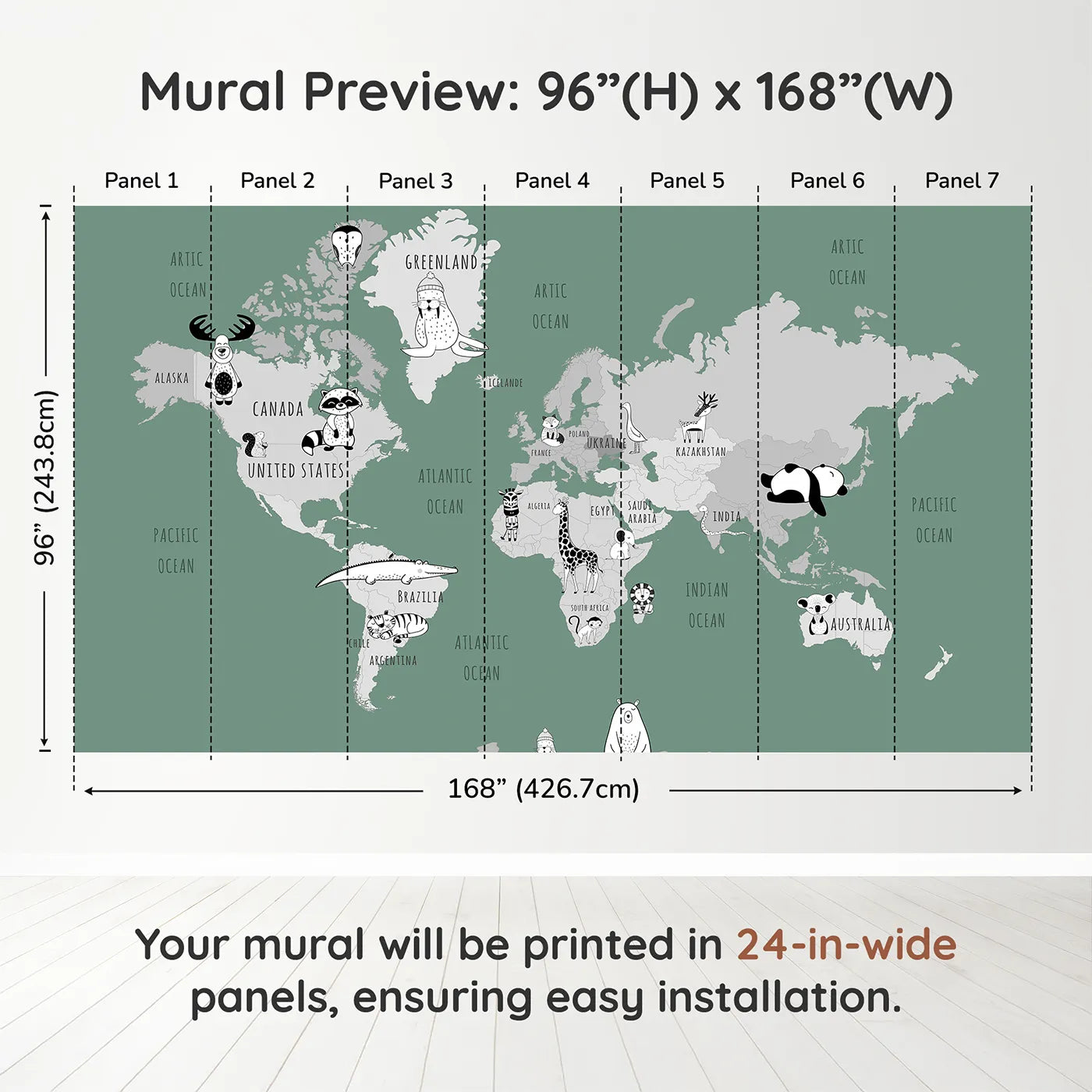 Whimsy Tots Monochrome Animal World Map Wall Mural in Greendimension view (96" H x 168" W). Printed in seven 24-inch-wide panels. Gender-Neutral