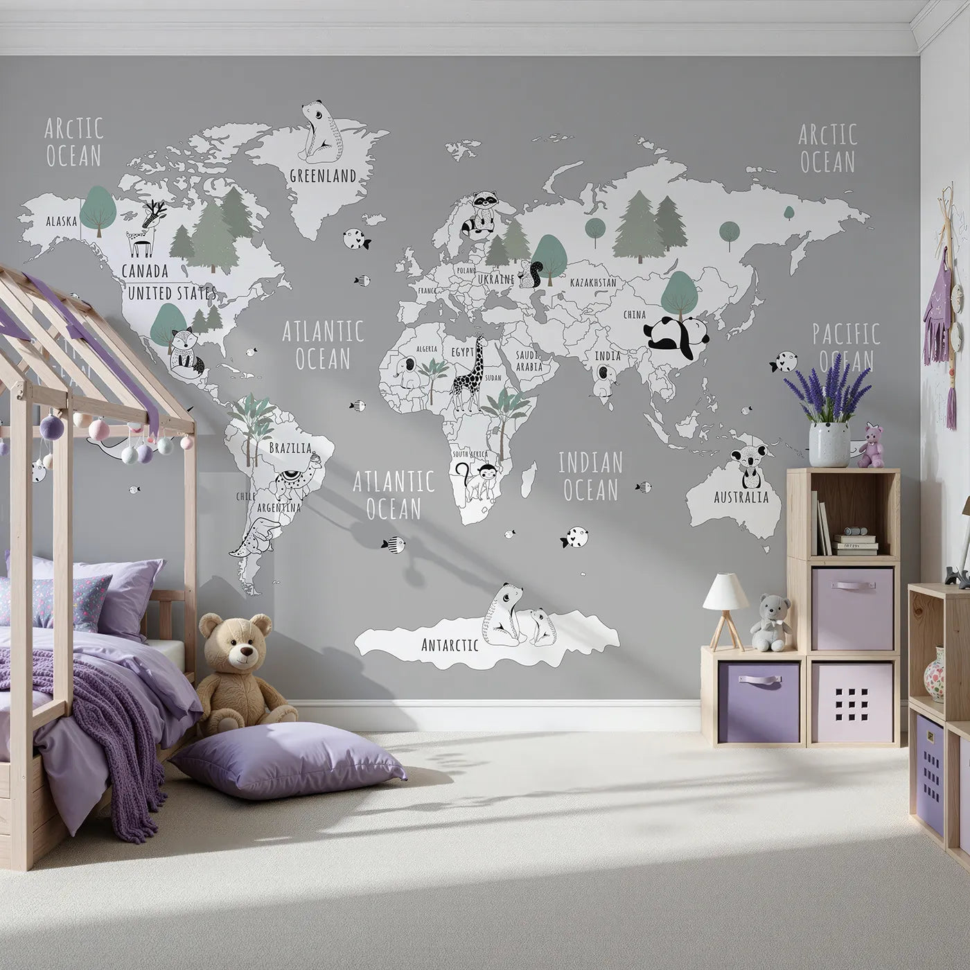 Front view of Whimsy Tots' Monochrome Animal World Map Wall Mural in Gray
