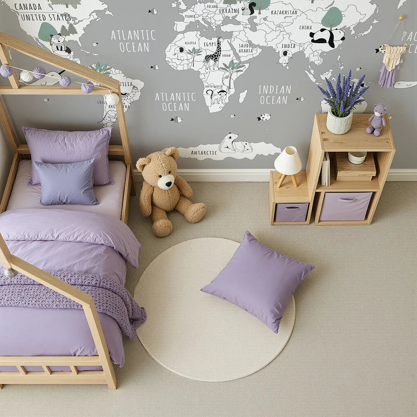 Top-down view of Whimsy Tots' Monochrome Animal World Map Wall Mural in Gray (Turn Their Room into a Stylish Global Safari).Gender-Neutral