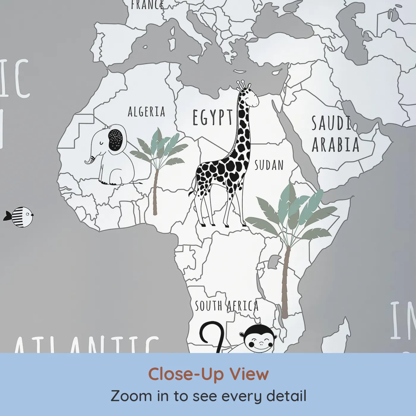 Close-up view of Whimsy Tots' Monochrome Animal World Map Wall Mural in Gray (Turn Their Room into a Stylish Global Safari).Gender-Neutral