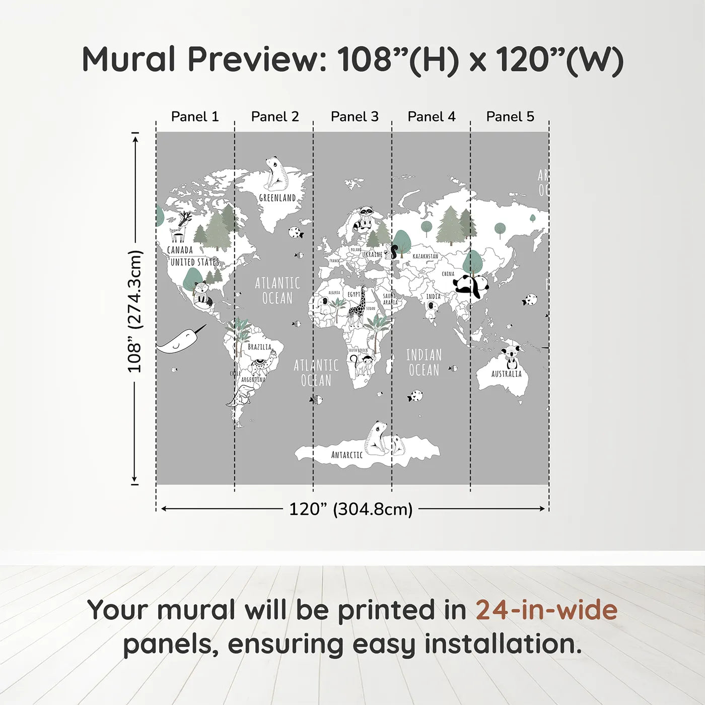 Whimsy Tots Monochrome Animal World Map Wall Mural in Graydimension view (108" H x 120" W). Printed in five 24-inch-wide panels. Gender-Neutral