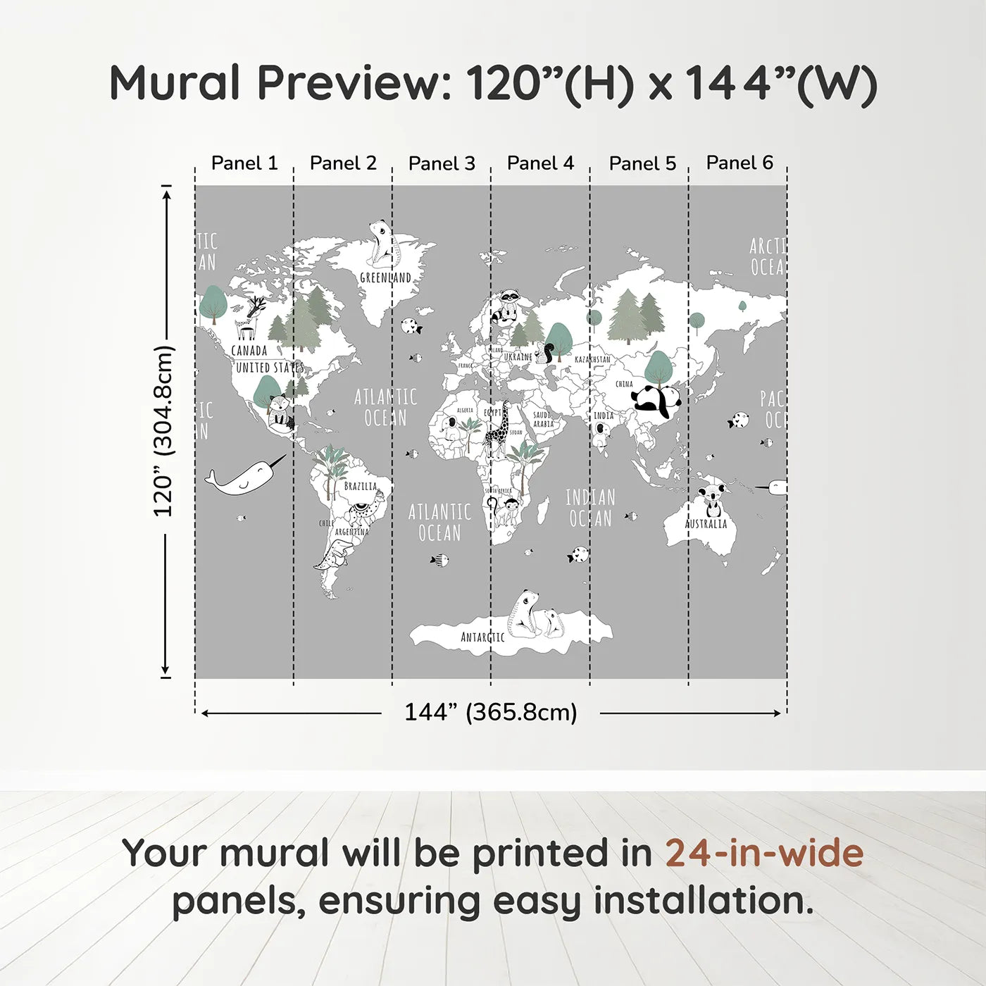 Whimsy Tots Monochrome Animal World Map Wall Mural in Graydimension view (120" H x 144" W). Printed in six 24-inch-wide panels. Gender-Neutral