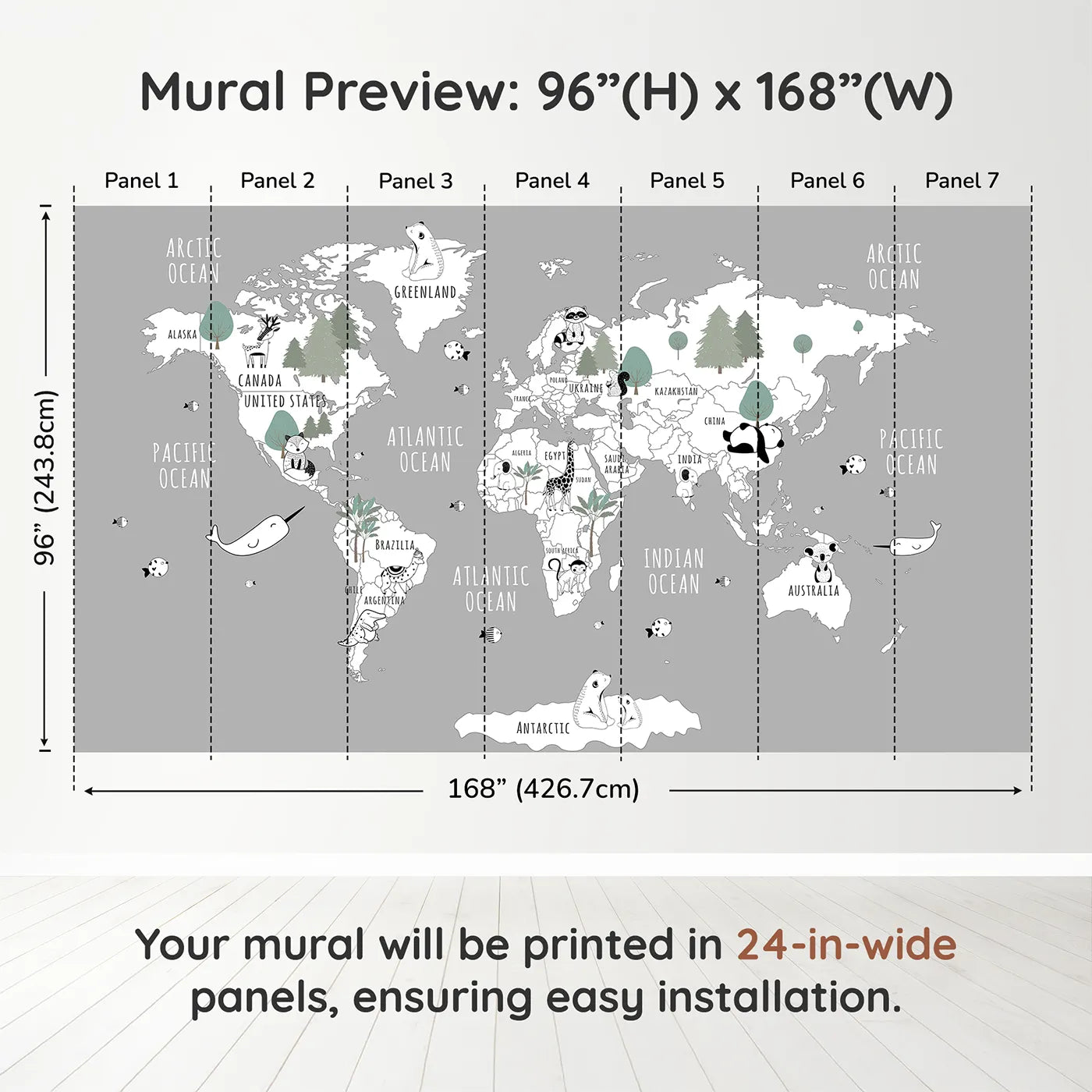 Whimsy Tots Monochrome Animal World Map Wall Mural in Graydimension view (96" H x 168" W). Printed in seven 24-inch-wide panels. Gender-Neutral