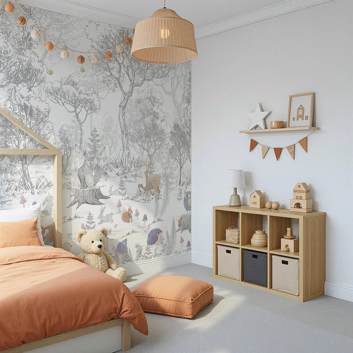 Angled view of Whimsy Tots' Folksy Woodland Gathering Wall Mural (Turn Their Room into a Charming, Hand-Drawn Forest).Gender-Neutral