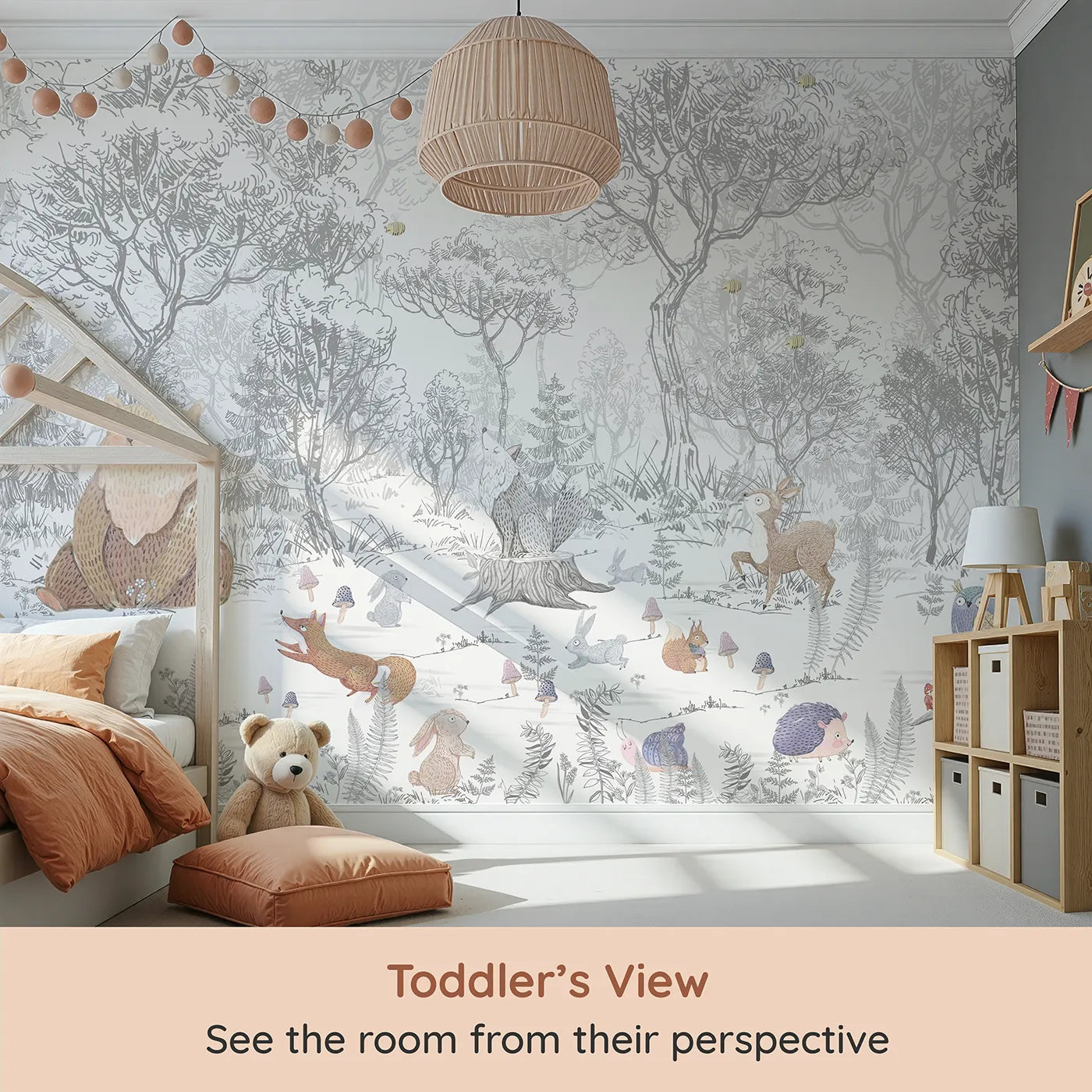 Whimsy Tots Folksy Woodland Gathering Wall Mural (Turn Their Room into a Charming, Hand-Drawn Forest) from your child's view.Gender-Neutral