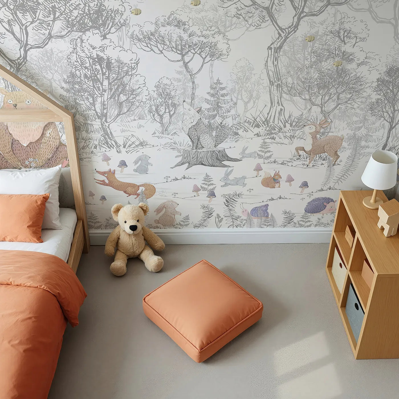Top-down view of Whimsy Tots' Folksy Woodland Gathering Wall Mural (Turn Their Room into a Charming, Hand-Drawn Forest).Gender-Neutral