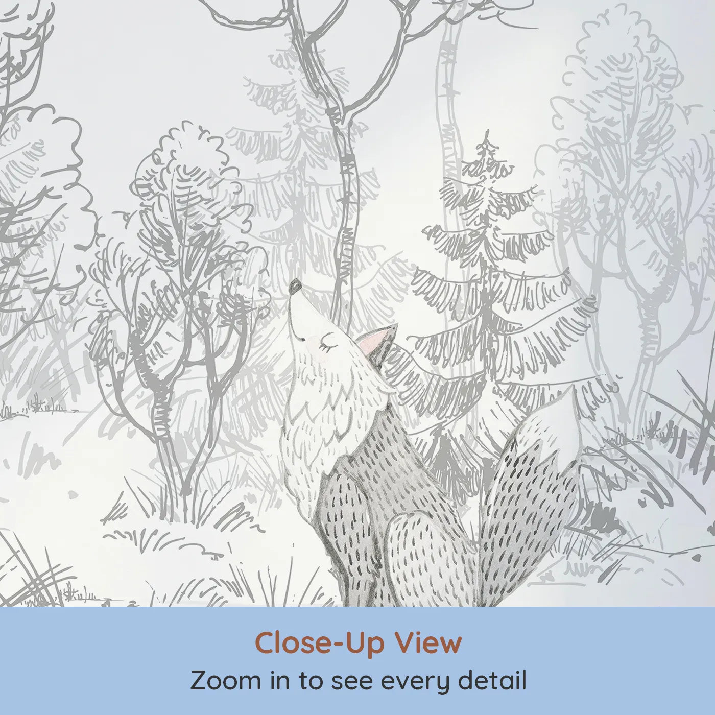 Close-up view of Whimsy Tots' Folksy Woodland Gathering Wall Mural (Turn Their Room into a Charming, Hand-Drawn Forest).Gender-Neutral