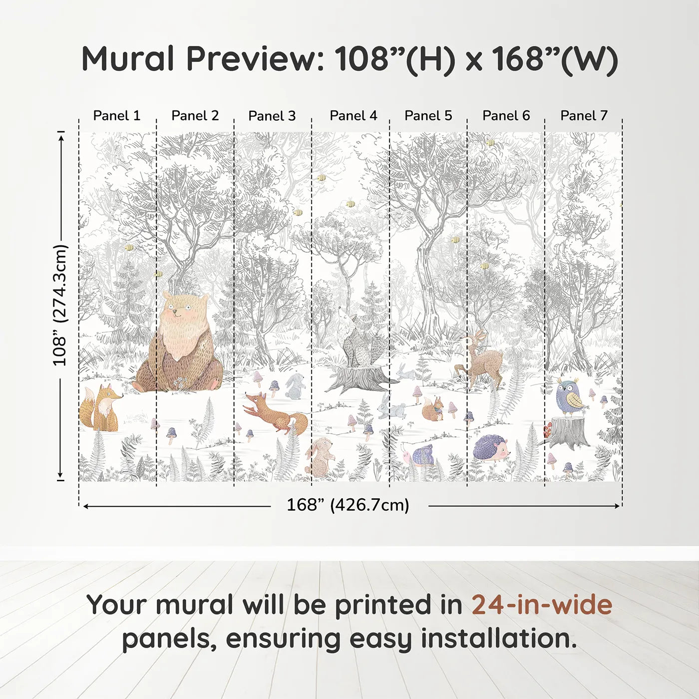 Whimsy Tots Folksy Woodland Gathering Wall Muraldimension view (108" H x 168" W). Printed in seven 24-inch-wide panels. Gender-Neutral
