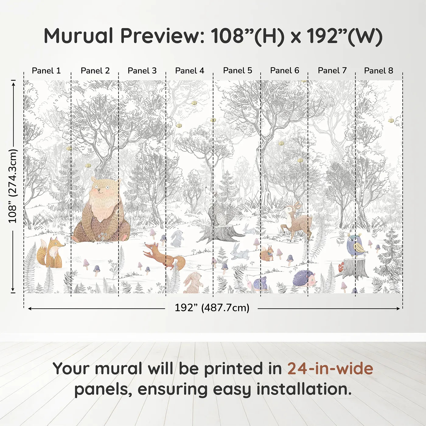 Whimsy Tots Folksy Woodland Gathering Wall Muraldimension view (108" H x 192" W). Printed in eight 24-inch-wide panels. Gender-Neutral