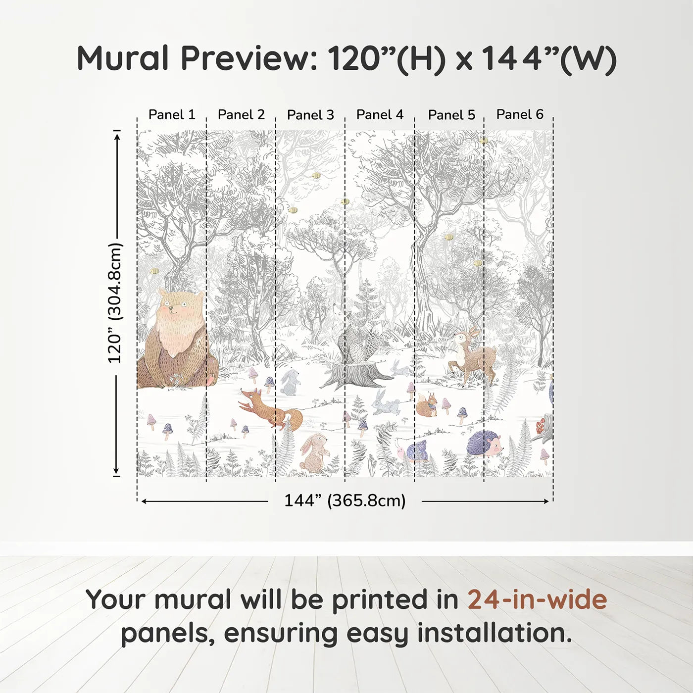 Whimsy Tots Folksy Woodland Gathering Wall Muraldimension view (120" H x 144" W). Printed in six 24-inch-wide panels. Gender-Neutral