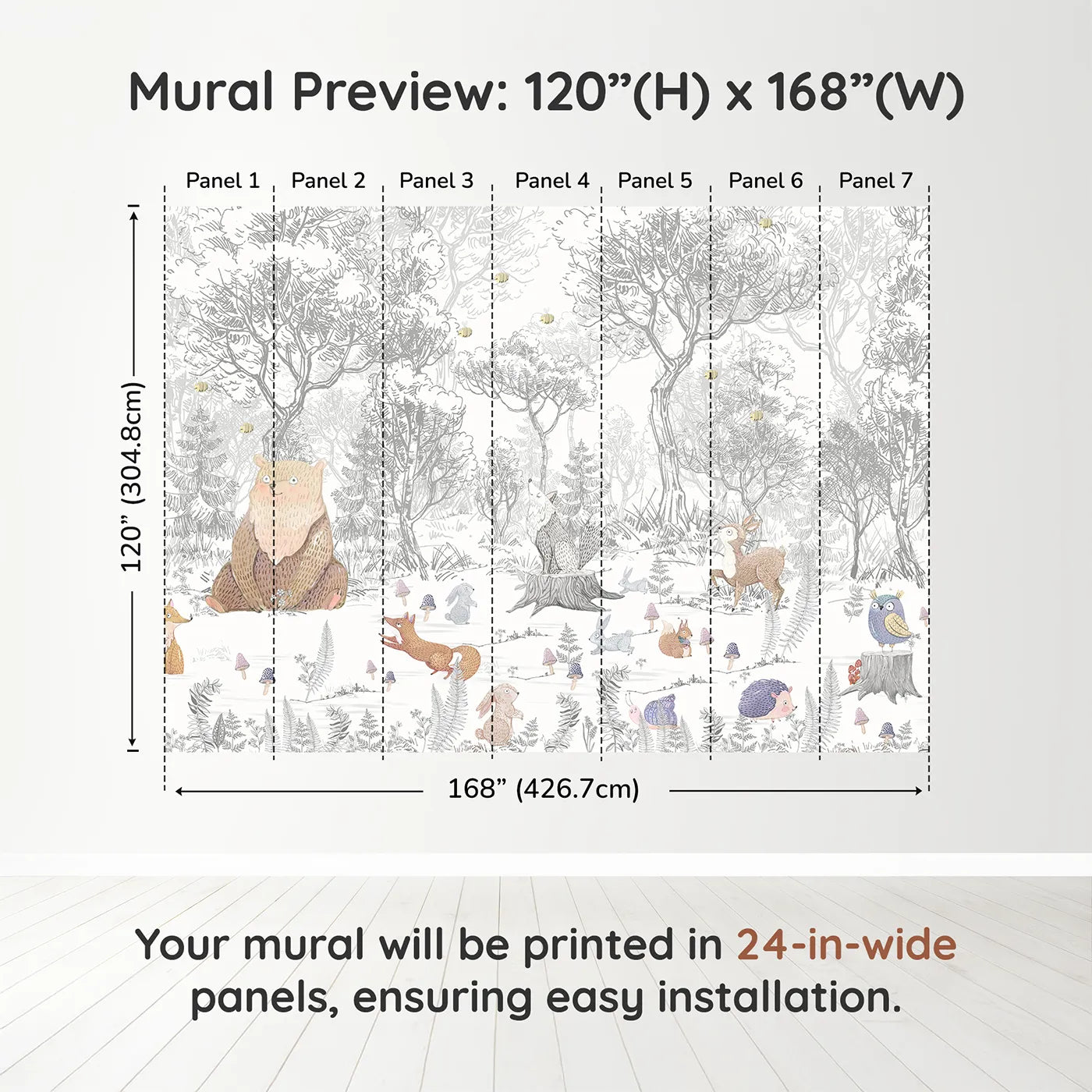 Whimsy Tots Folksy Woodland Gathering Wall Muraldimension view (120" H x 168" W). Printed in seven 24-inch-wide panels. Gender-Neutral