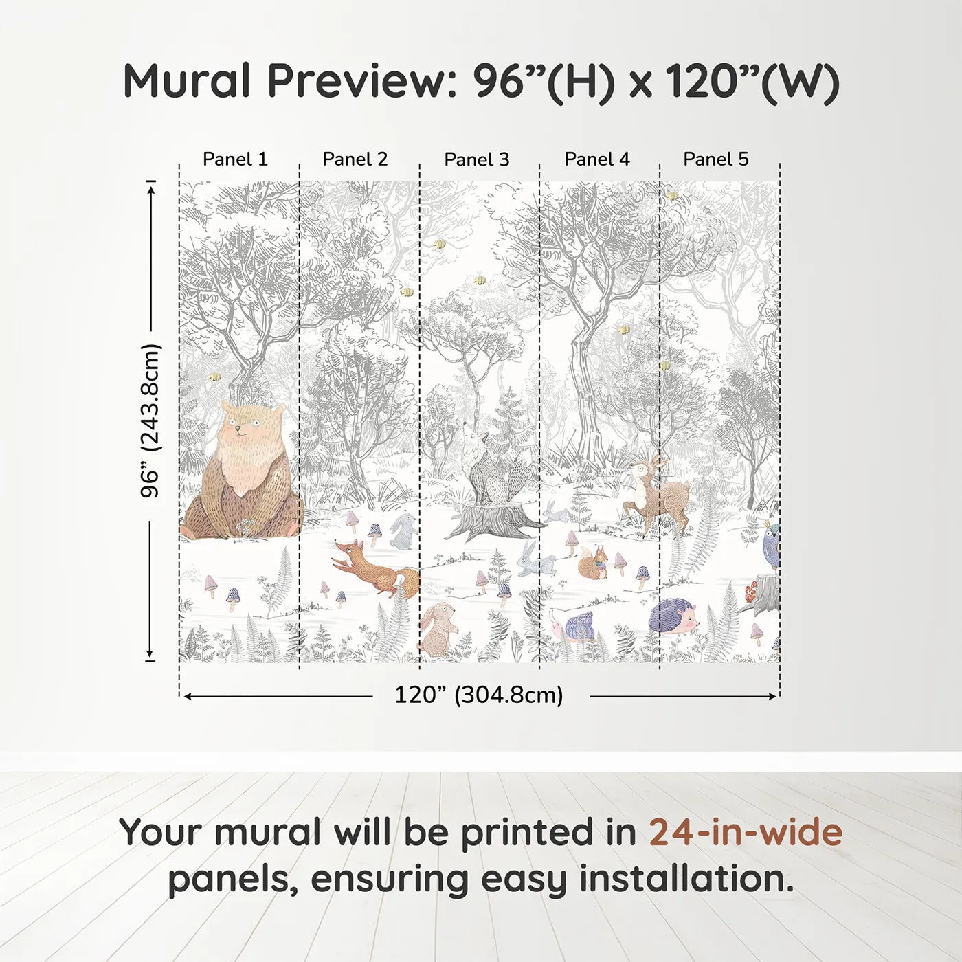Whimsy Tots Folksy Woodland Gathering Wall Muraldimension view (96" H x 120" W). Printed in five 24-inch-wide panels. Gender-Neutral