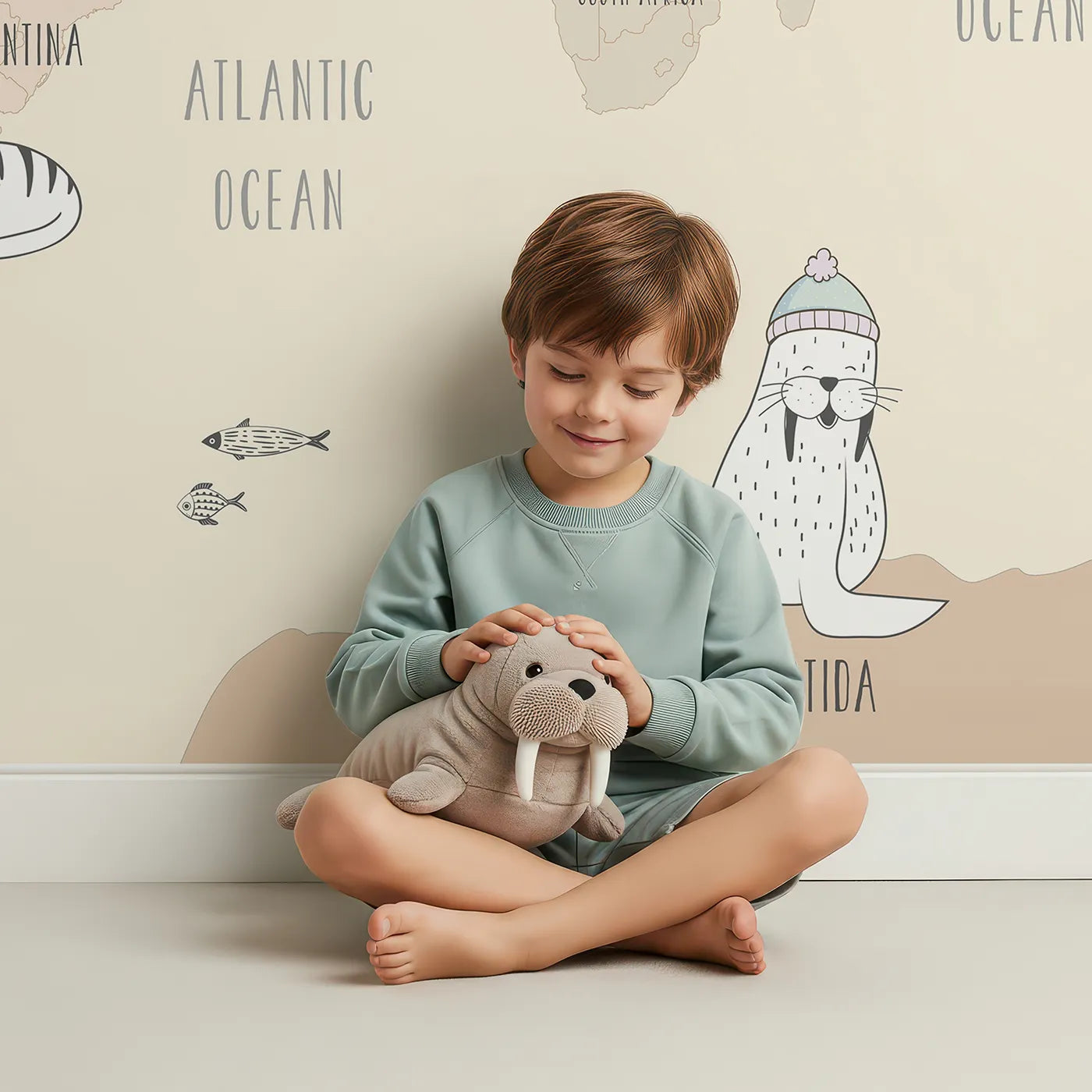Child in front of Whimsy Tots Boho Animal World Map Wall Mural in Beige with map, world, animal, neutral, beige, modern, educational, safari in design.