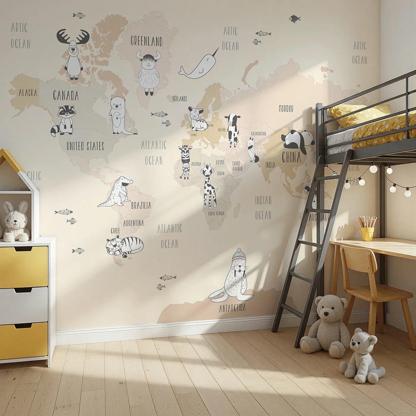 Angled view of Whimsy Tots' Boho Animal World Map Wall Mural in Beige (Turn Their Room into a Gentle Global Safari).Gender-Neutral