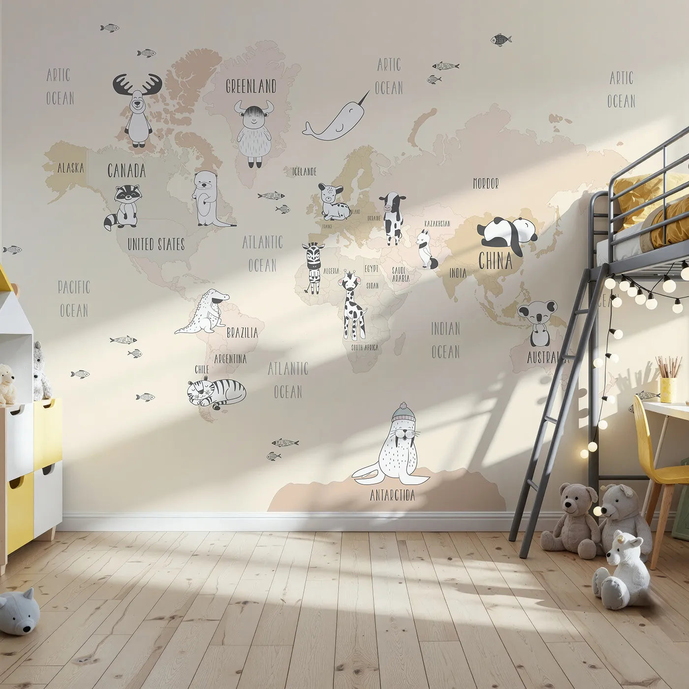 Front view of Whimsy Tots' Boho Animal World Map Wall Mural in Beige