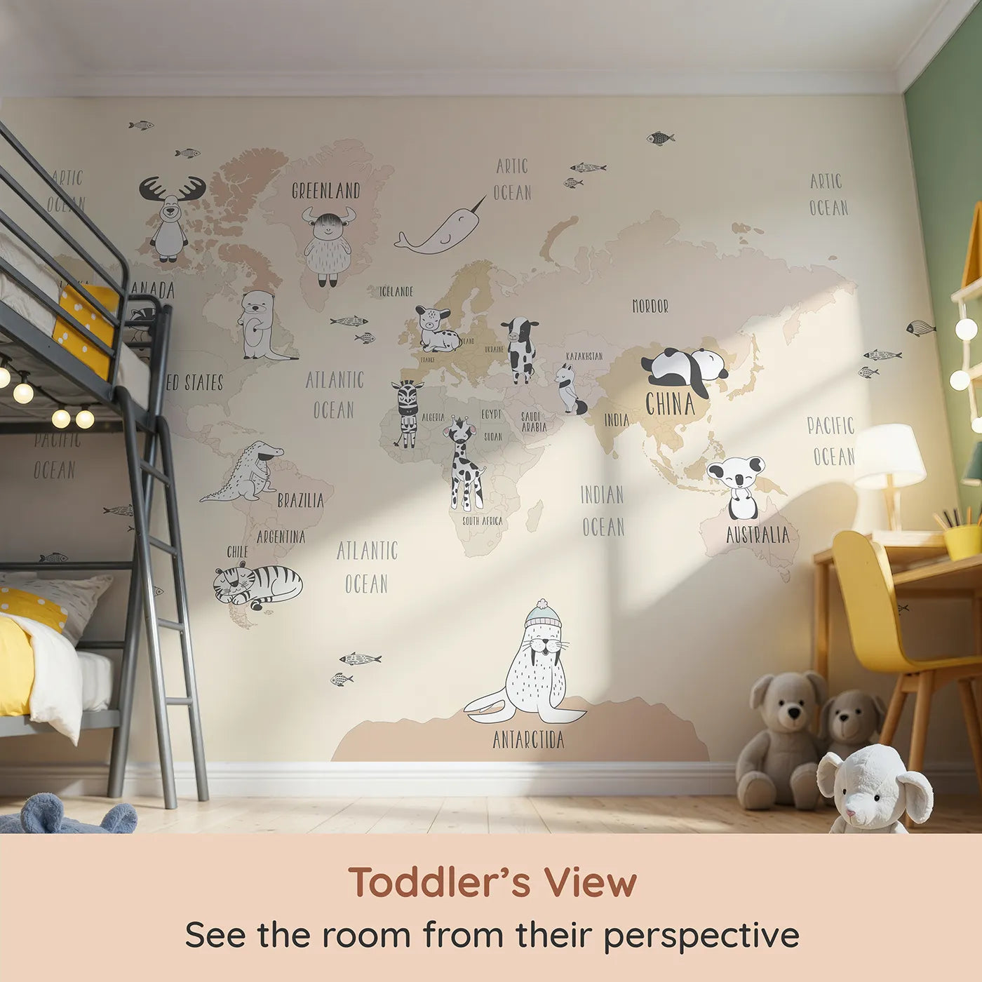 Whimsy Tots Boho Animal World Map Wall Mural in Beige (Turn Their Room into a Gentle Global Safari) from your child's view.Gender-Neutral