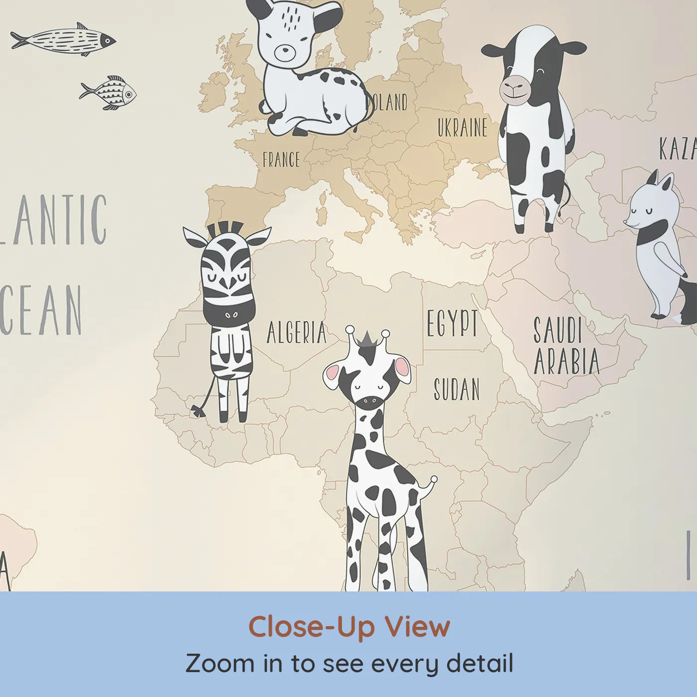 Close-up view of Whimsy Tots' Boho Animal World Map Wall Mural in Beige (Turn Their Room into a Gentle Global Safari).Gender-Neutral