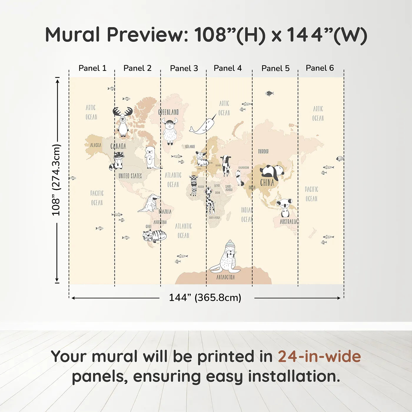 Whimsy Tots Boho Animal World Map Wall Mural in Beigedimension view (108" H x 144" W). Printed in six 24-inch-wide panels. Gender-Neutral