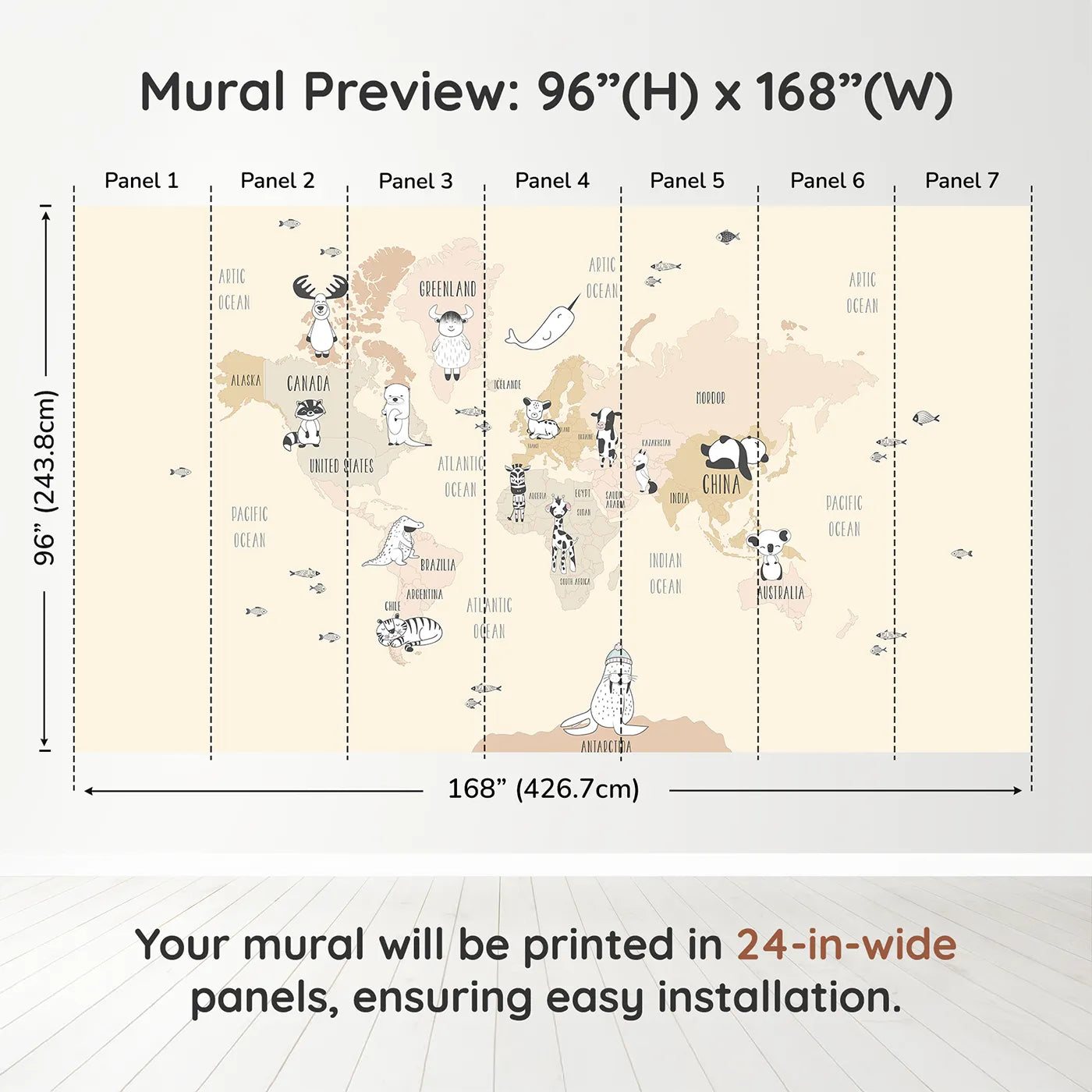 Whimsy Tots Boho Animal World Map Wall Mural in Beigedimension view (96" H x 168" W). Printed in seven 24-inch-wide panels. Gender-Neutral