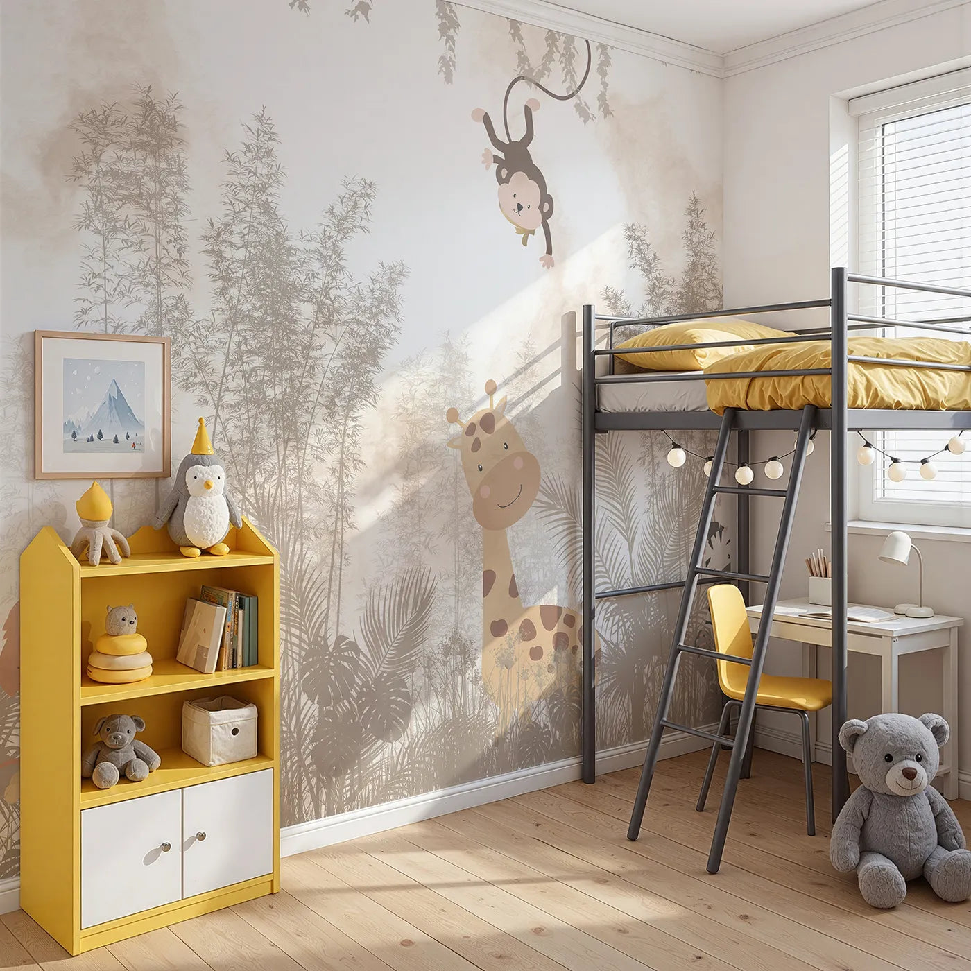 Angled view of Whimsy Tots' Misty Jungle Friends Wall Mural (Turn Their Room into a Gentle, Playful Safari).Gender-Neutral