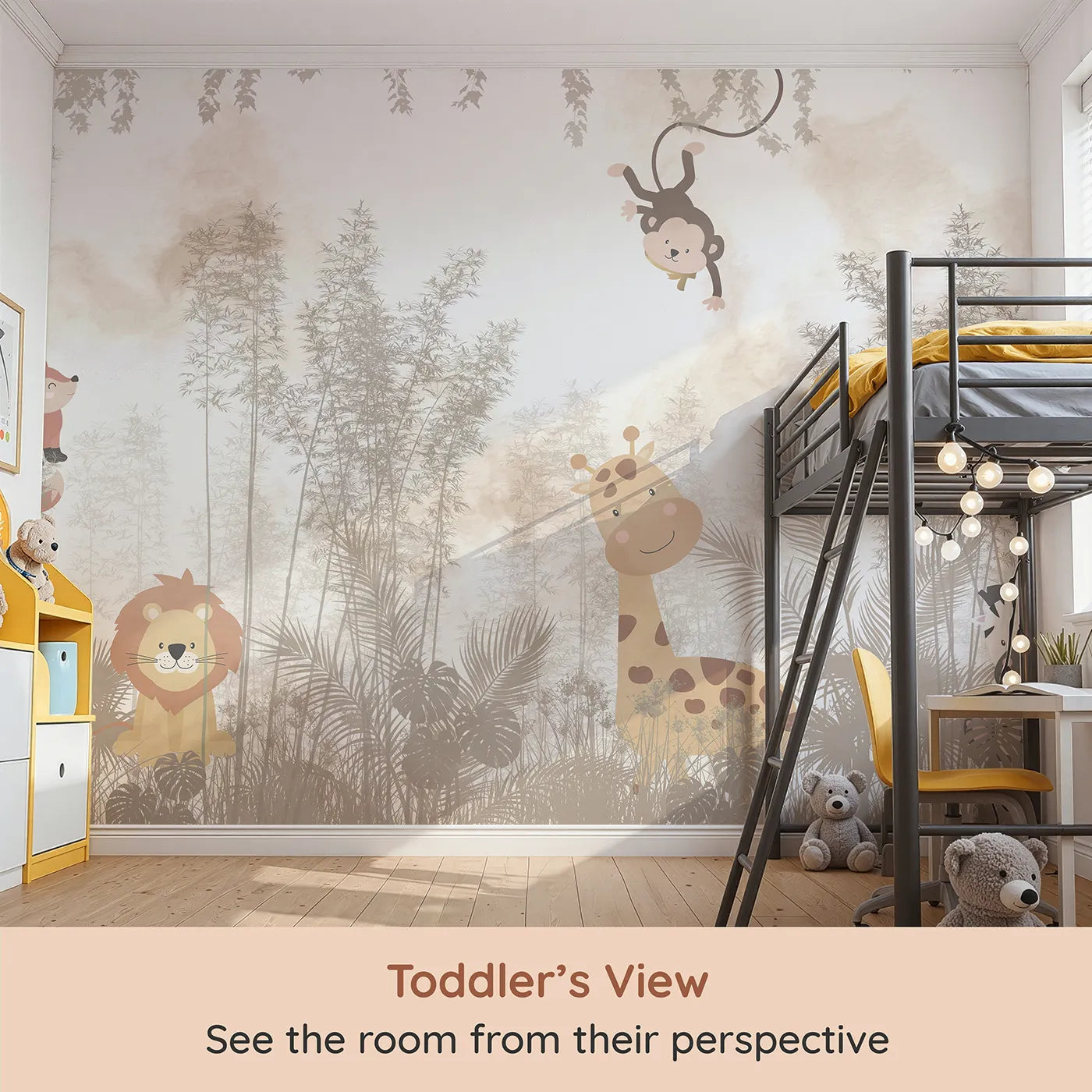 Whimsy Tots Misty Jungle Friends Wall Mural (Turn Their Room into a Gentle, Playful Safari) from your child's view.Gender-Neutral