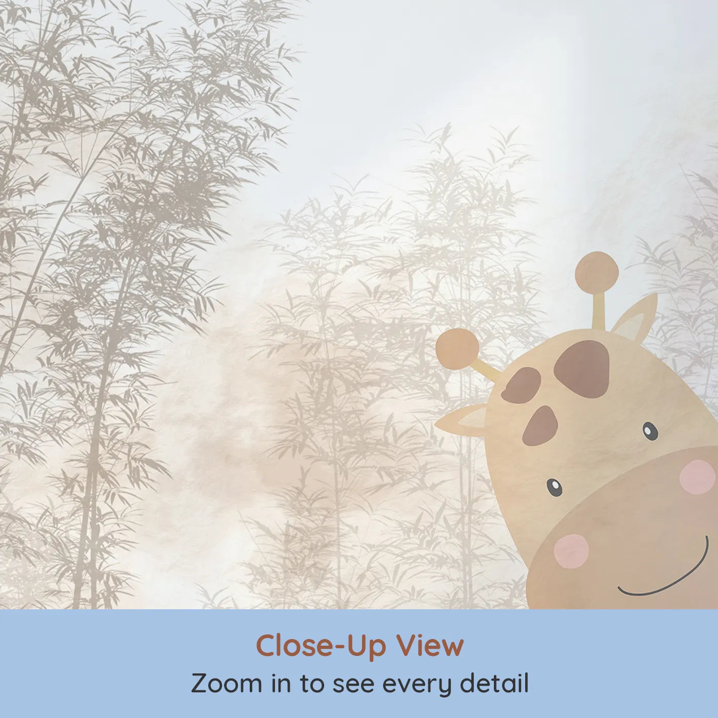Close-up view of Whimsy Tots' Misty Jungle Friends Wall Mural (Turn Their Room into a Gentle, Playful Safari).Gender-Neutral