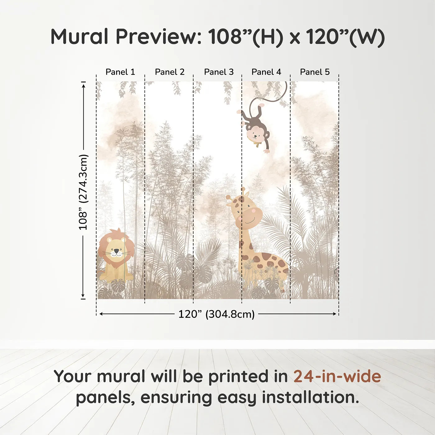 Whimsy Tots Misty Jungle Friends Wall Muraldimension view (108" H x 120" W). Printed in five 24-inch-wide panels. Gender-Neutral