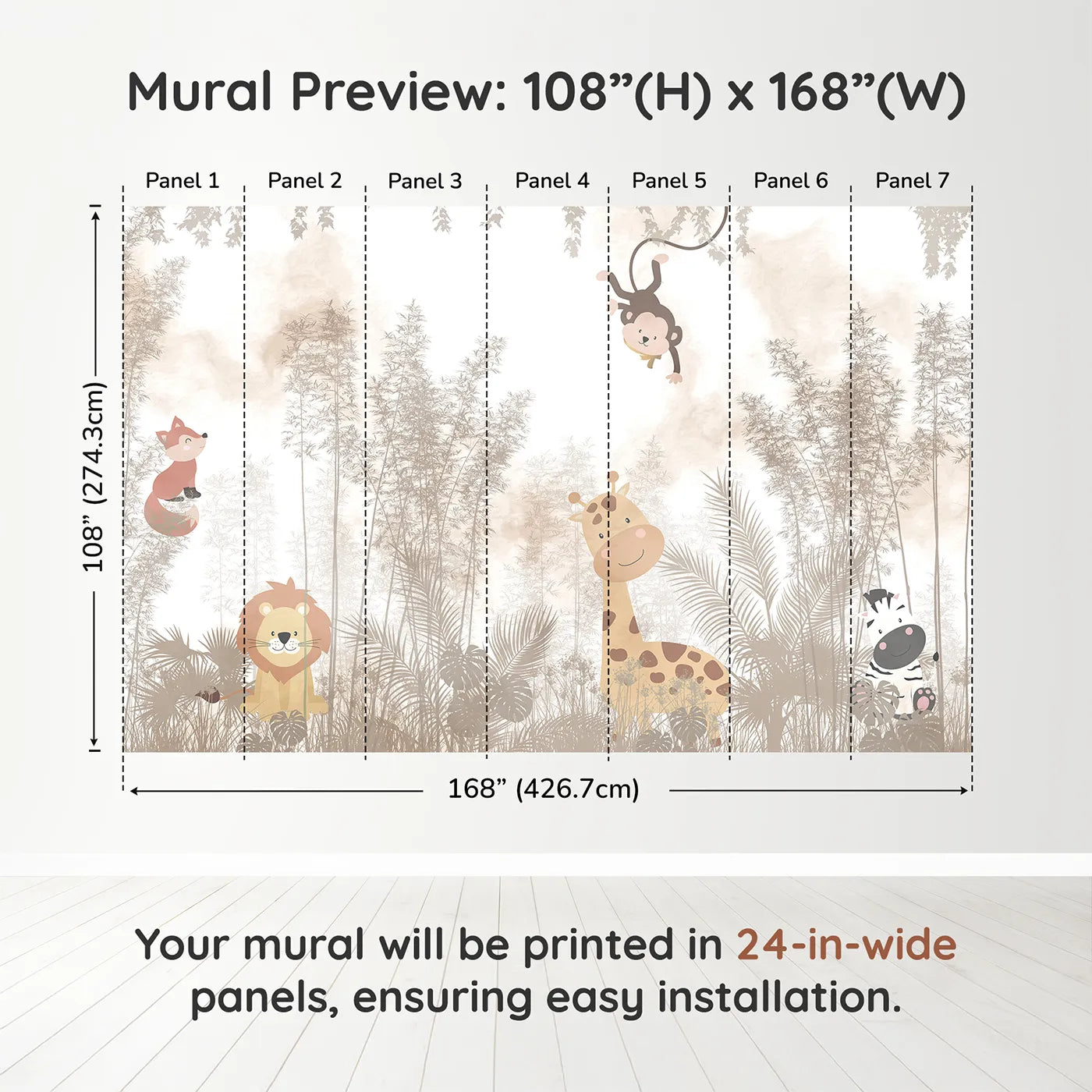 Whimsy Tots Misty Jungle Friends Wall Muraldimension view (108" H x 168" W). Printed in seven 24-inch-wide panels. Gender-Neutral