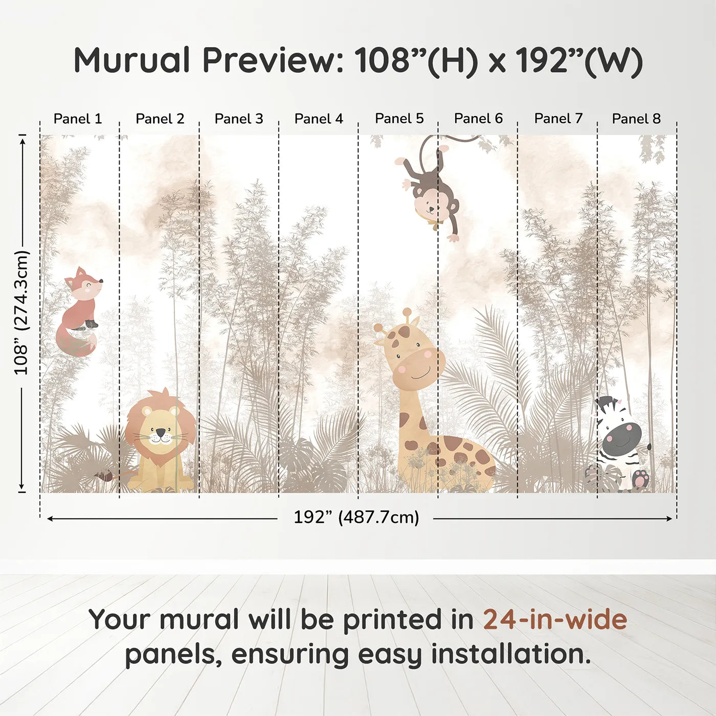 Whimsy Tots Misty Jungle Friends Wall Muraldimension view (108" H x 192" W). Printed in eight 24-inch-wide panels. Gender-Neutral