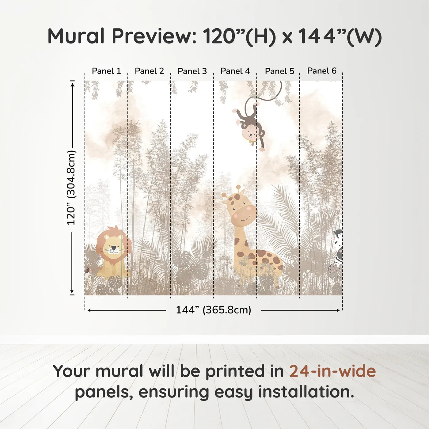 Whimsy Tots Misty Jungle Friends Wall Muraldimension view (120" H x 144" W). Printed in six 24-inch-wide panels. Gender-Neutral